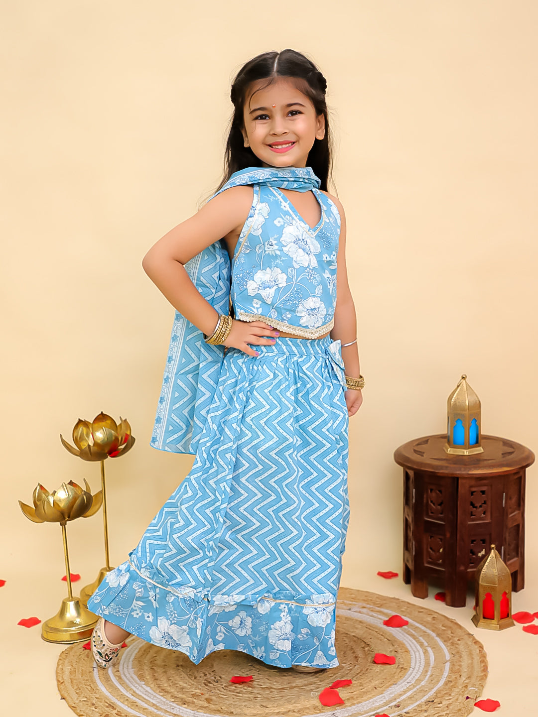 Aj Dezines Blue Cotton Sleeveless Floral Printed Lehenga Choli for Girls