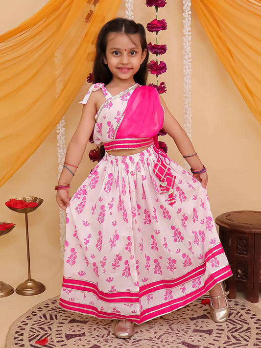 Pink Cotton Sleeveless Floral Printed Lehenga Choli with Laktan