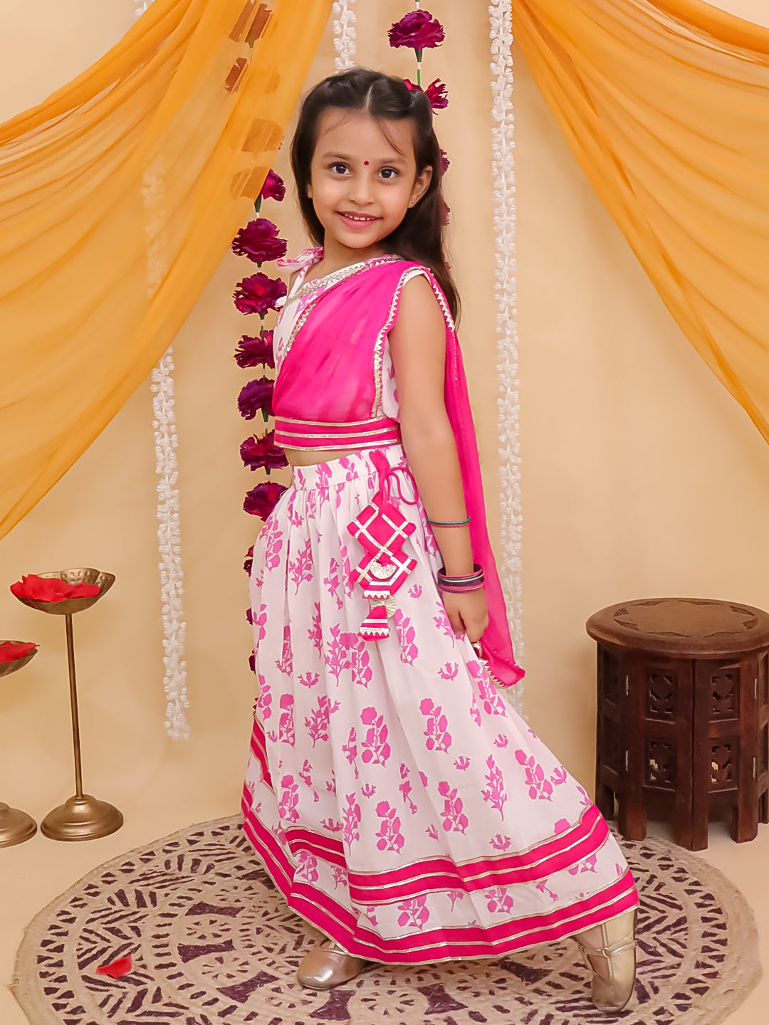 Pink Cotton Sleeveless Floral Printed Lehenga Choli with Laktan - AJ Dezines