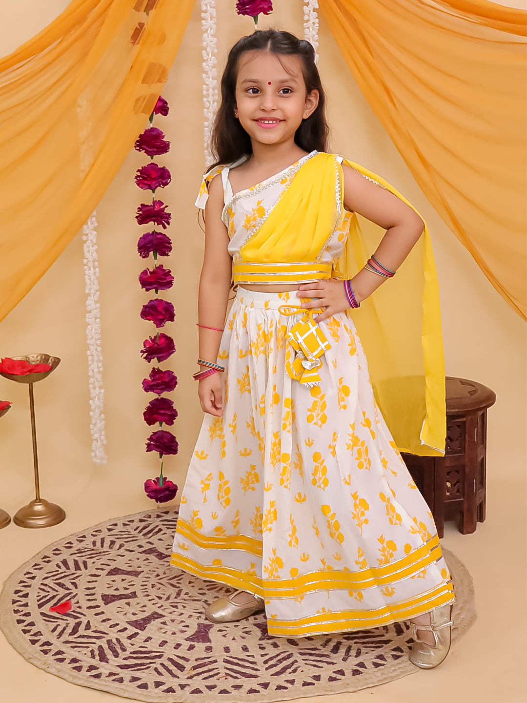 Girls Yellow Cotton Sleeveless Floral Printed Lehenga Choli with Latkan - AJ Dezines