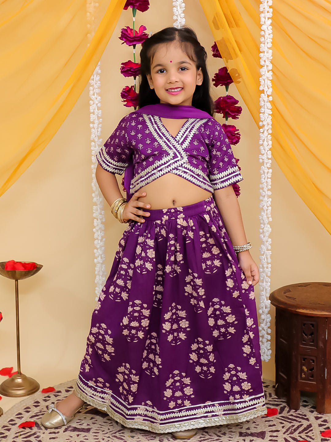 Purple Cotton Half-Sleeves Floral Printed Lehenga Choli