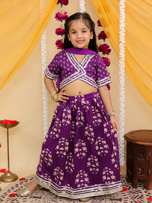 Purple Cotton Half-Sleeves Floral Printed Lehenga Choli