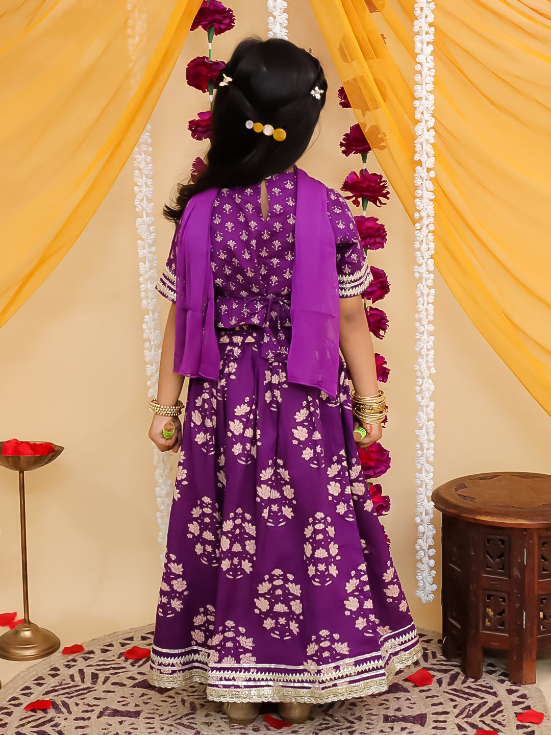 Purple Cotton Half-Sleeves Floral Printed Lehenga Choli