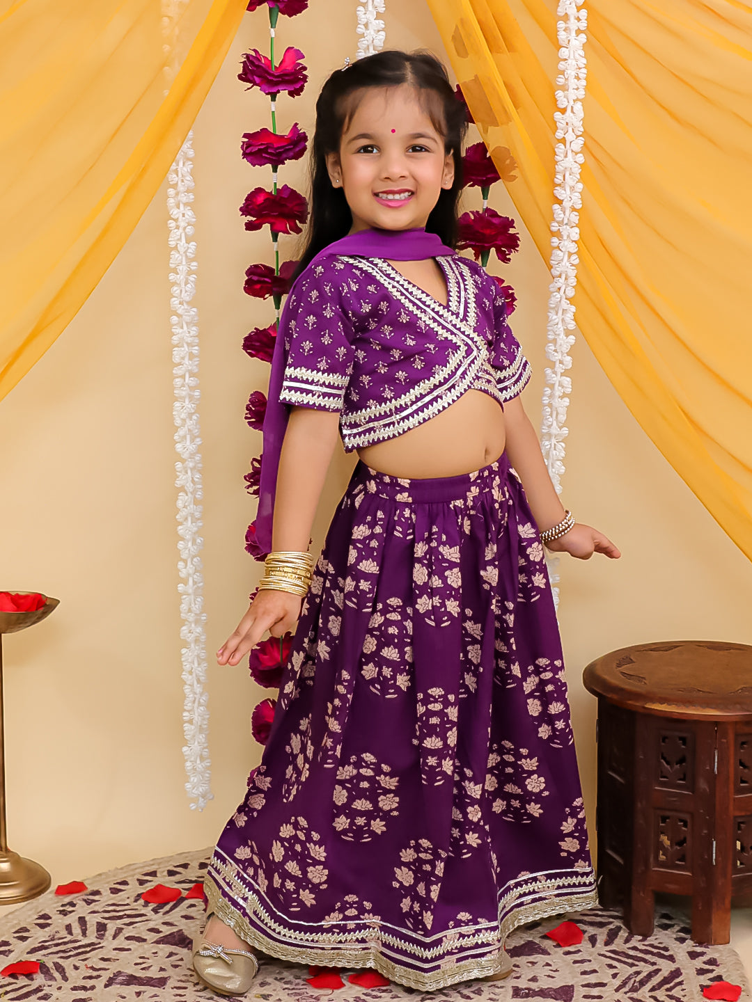 Purple Cotton Half-Sleeves Floral Printed Lehenga Choli
