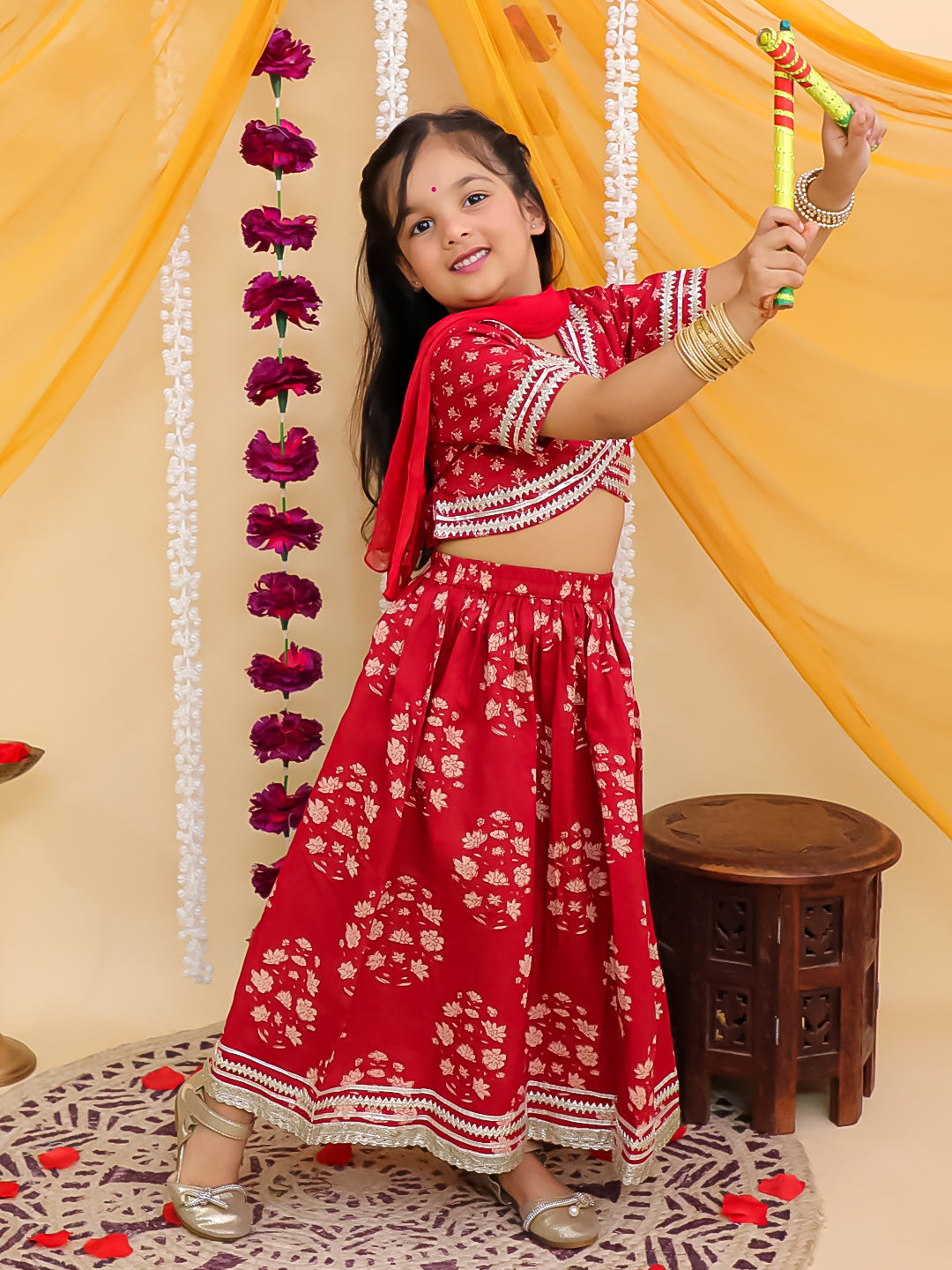 Girls Red Cotton Half-Sleeves Floral Printed Lehenga Choli - AJ Dezines