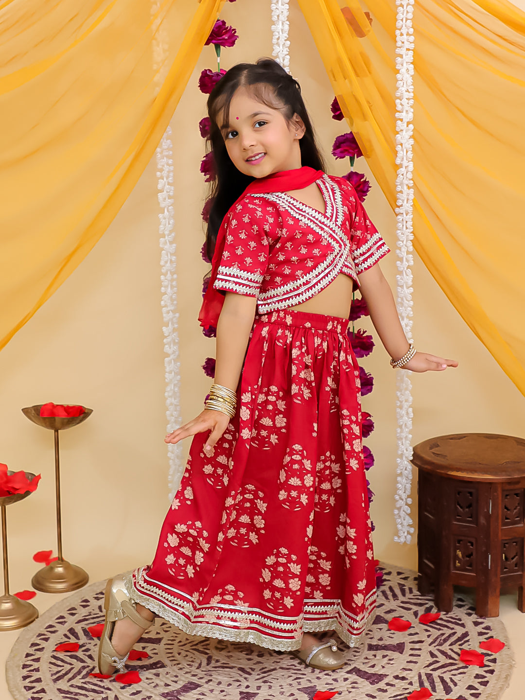 Girls Red Cotton Half-Sleeves Floral Printed Lehenga Choli - AJ Dezines