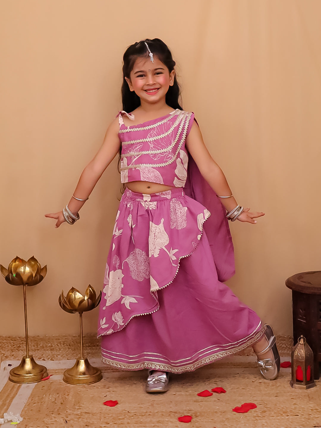 AJ Dezines Pink Cotton Sleeveless Floral Printed  And Gotta Work Lehenga Choli