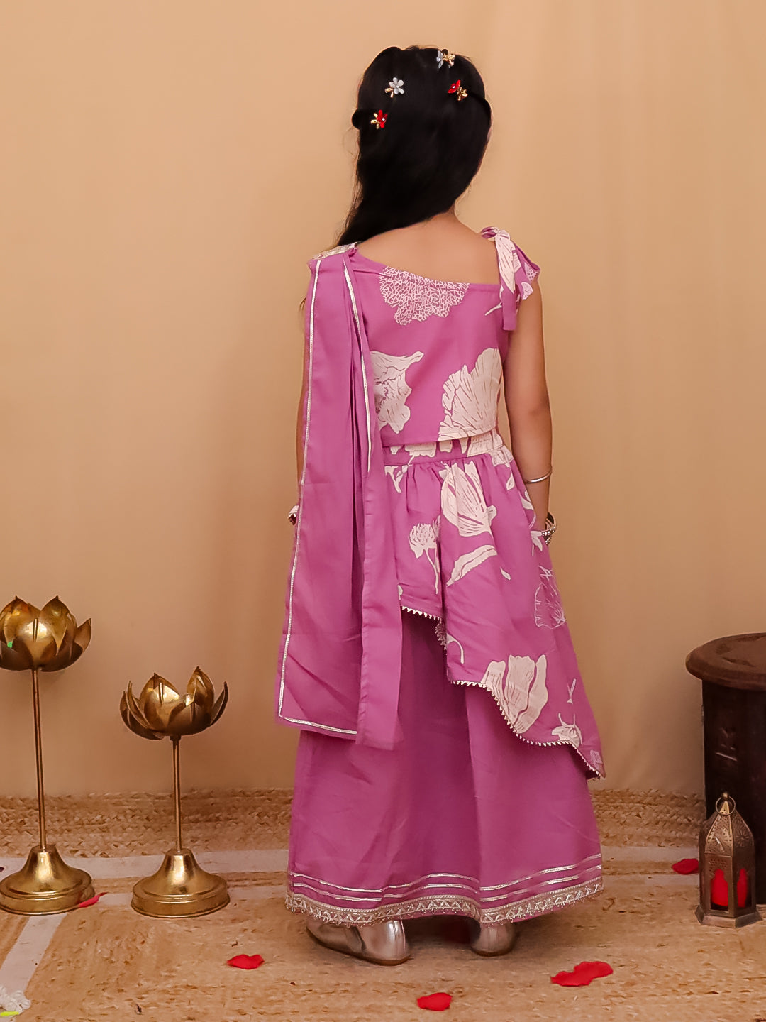 AJ Dezines Pink Cotton Sleeveless Floral Printed  And Gotta Work Lehenga Choli