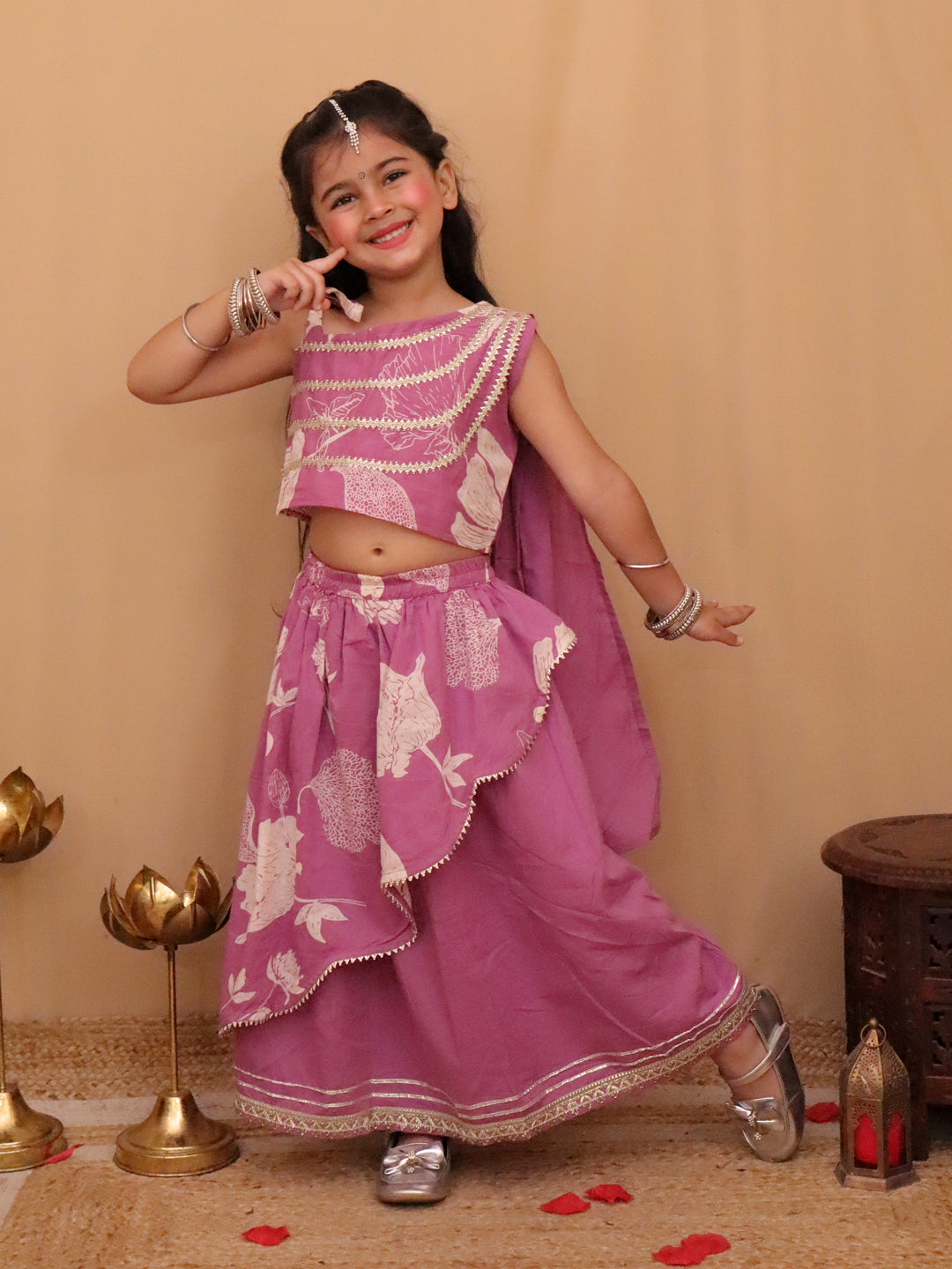 Pink Cotton Sleeveless Floral Printed  And Gotta Work Lehenga Choli