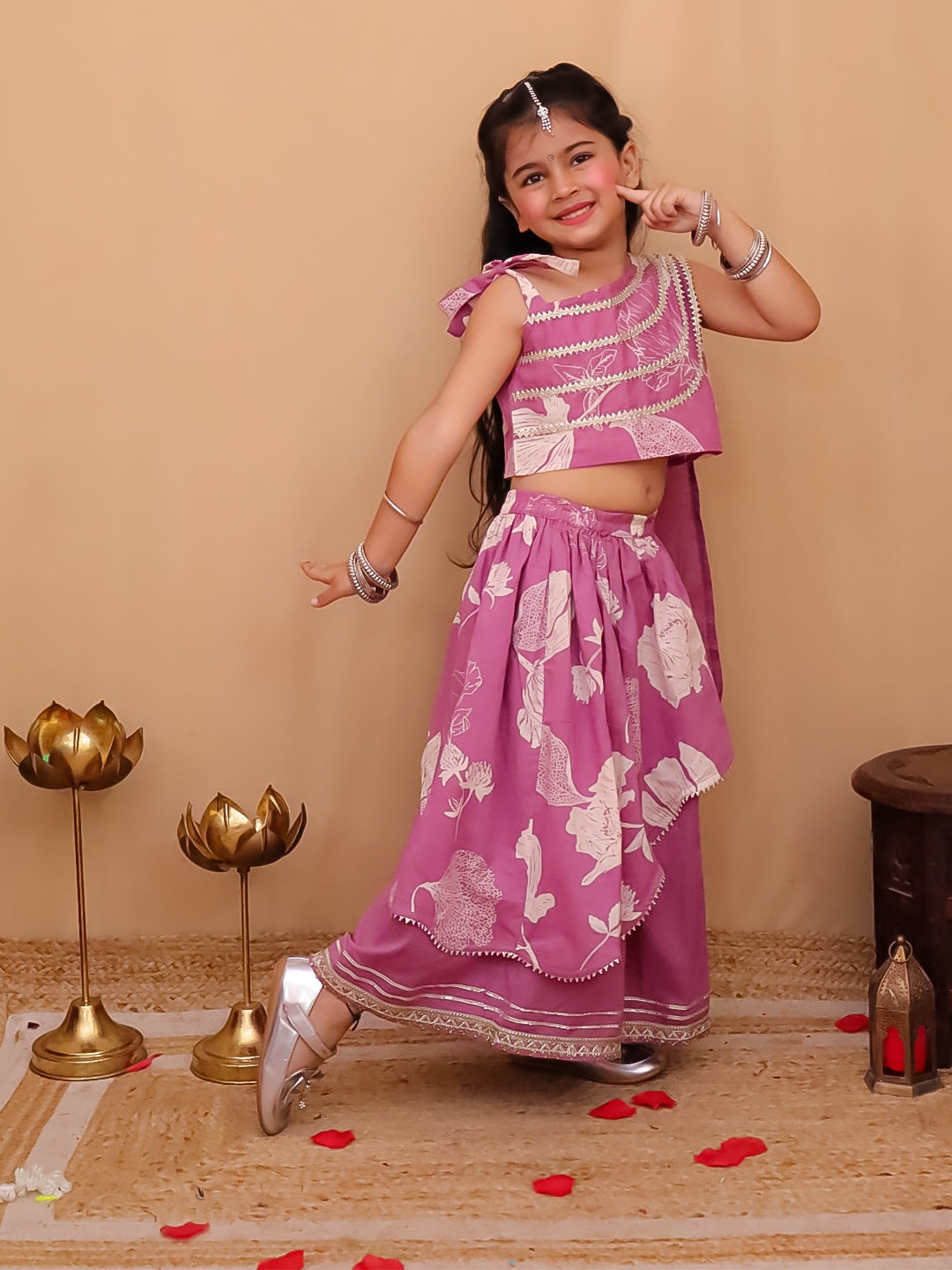 Pink Cotton Sleeveless Floral Printed  And Gotta Work Lehenga Choli