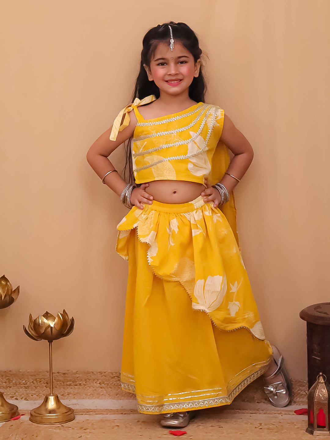 AJ Dezines Pink Cotton Sleeveless Floral Printed  And Gotta Work Lehenga Choli