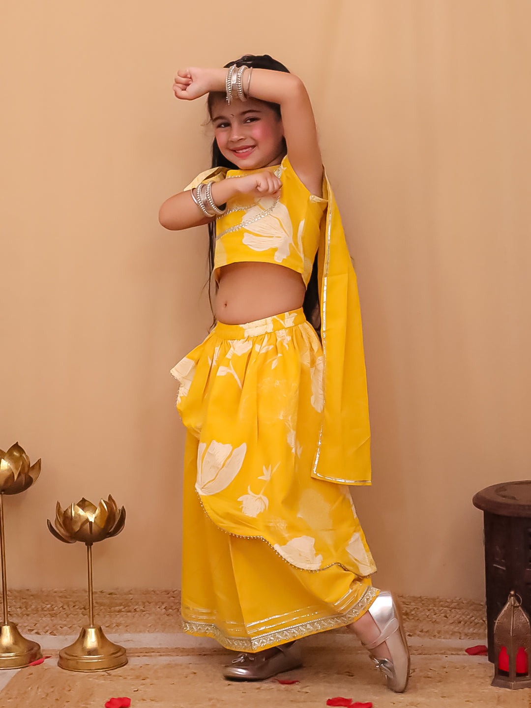 AJ Dezines Pink Cotton Sleeveless Floral Printed  And Gotta Work Lehenga Choli