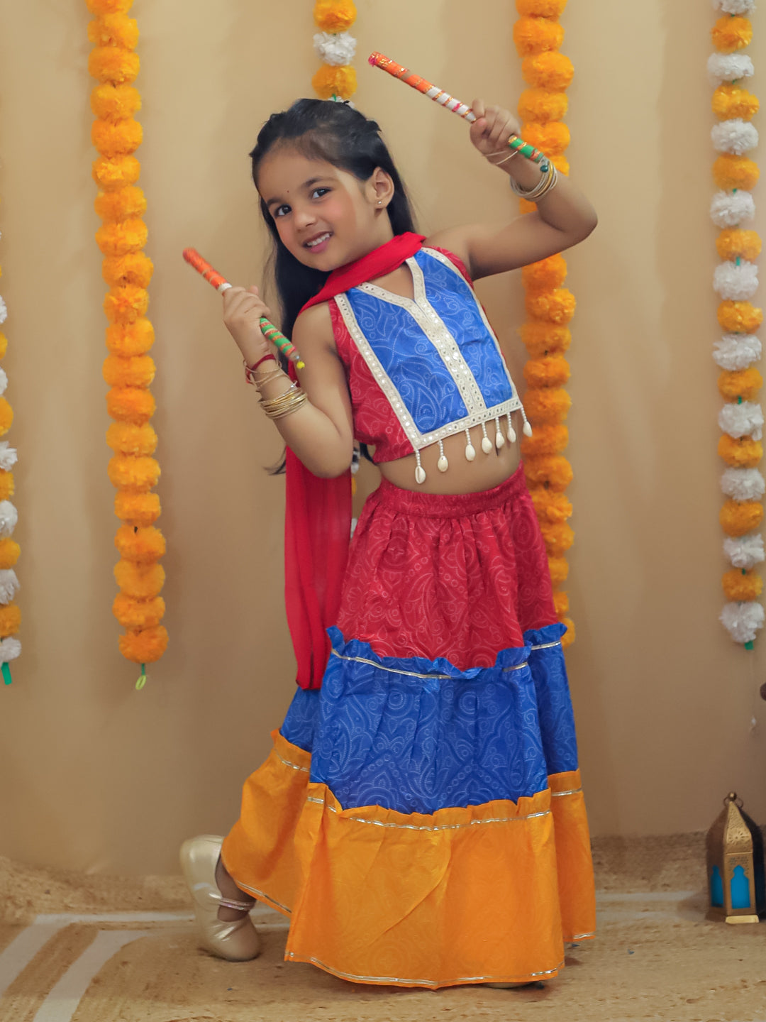 Red Cotton Sleeveless Floral Printed Lehenga Choli