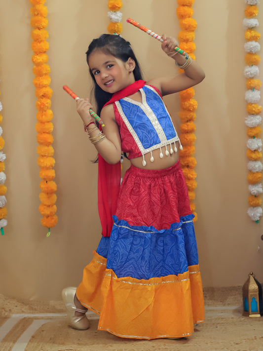 AJ Dezines Red Cotton Sleeveless Floral Printed Lehenga Choli