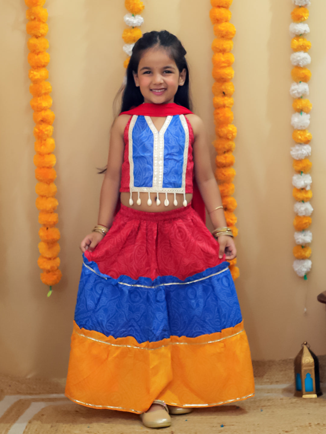 Red Cotton Sleeveless Floral Printed Lehenga Choli