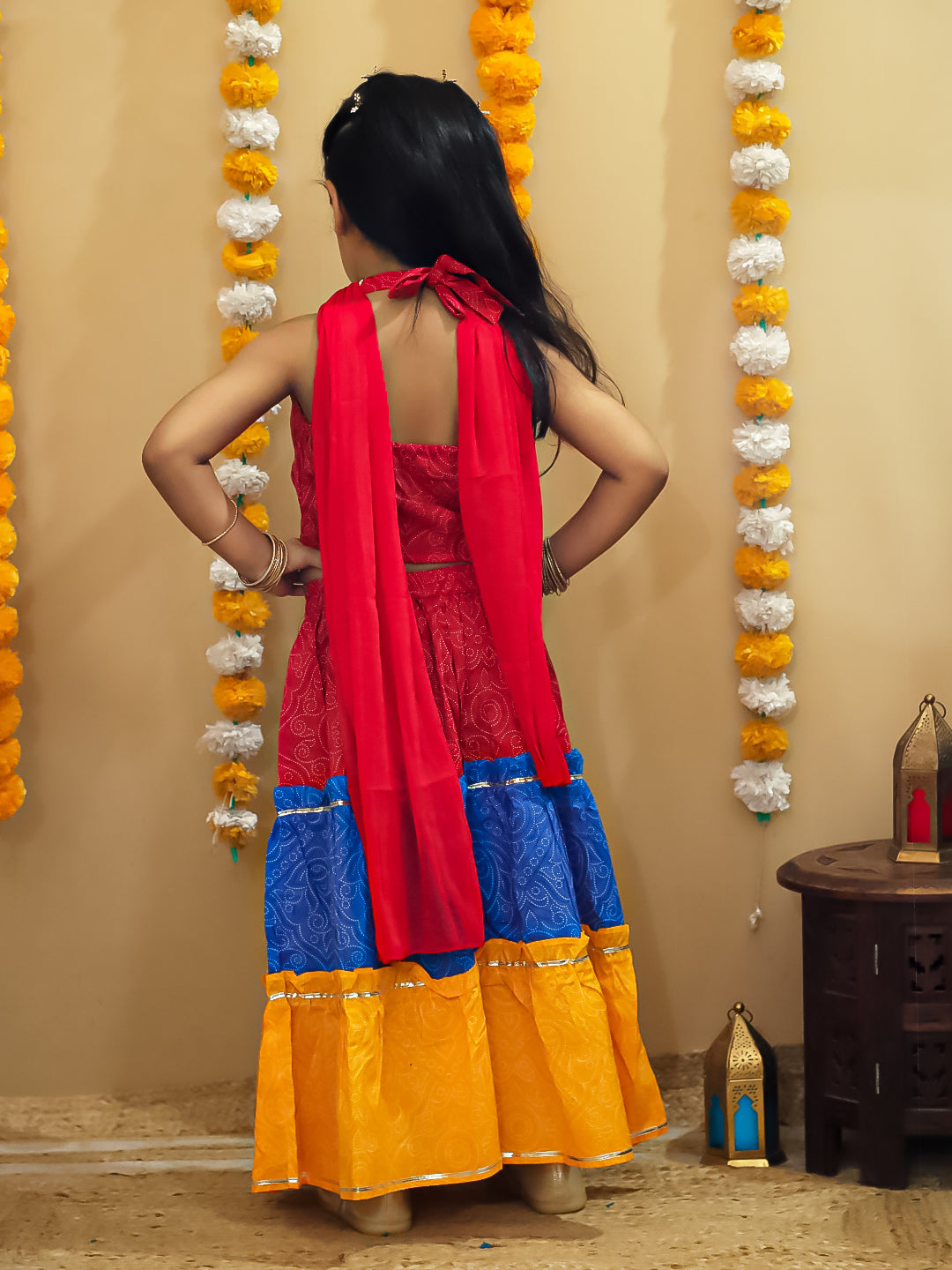 AJ Dezines Red Cotton Sleeveless Floral Printed Lehenga Choli