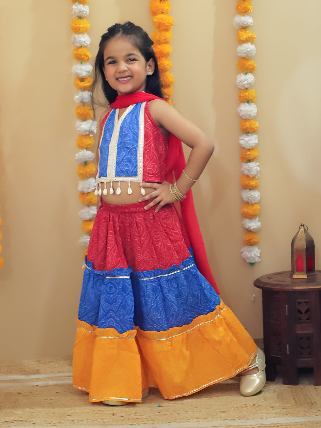 Red Cotton Sleeveless Floral Printed Lehenga Choli