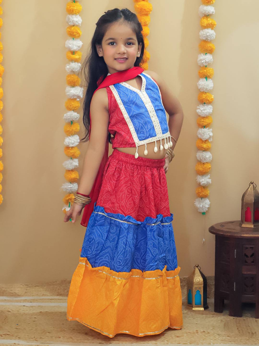 AJ Dezines Red Cotton Sleeveless Floral Printed Lehenga Choli