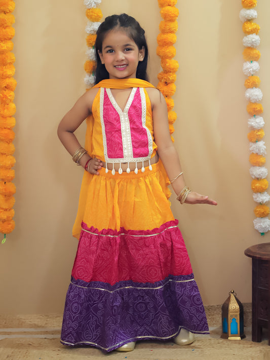 Girls Yellow Cotton Sleeveless Floral Printed Lehenga Choli