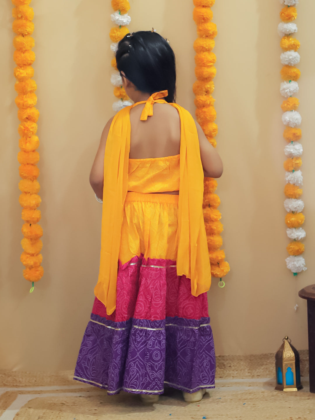 Girls Yellow Cotton Sleeveless Floral Printed Lehenga Choli