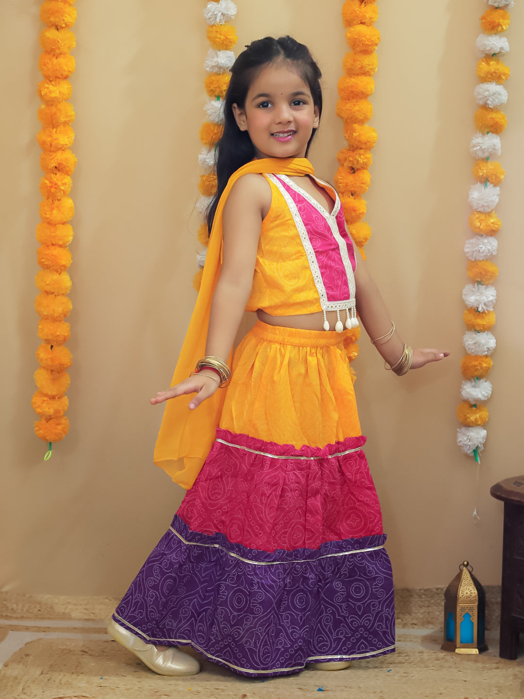 Girls Yellow Cotton Sleeveless Floral Printed Lehenga Choli - AJ Dezines