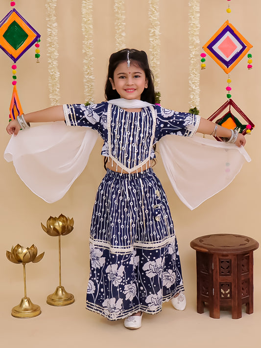 Girls Blue Cotton Half-Sleeves Floral Printed Lehenga Choli