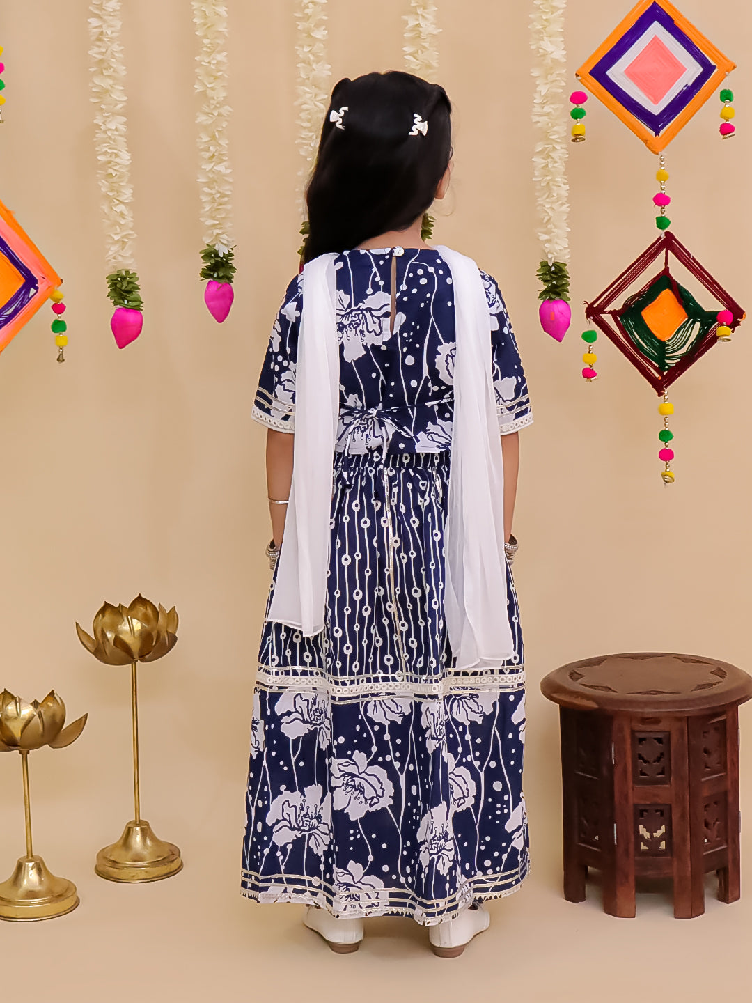 Girls Blue Cotton Half-Sleeves Floral Printed Lehenga Choli