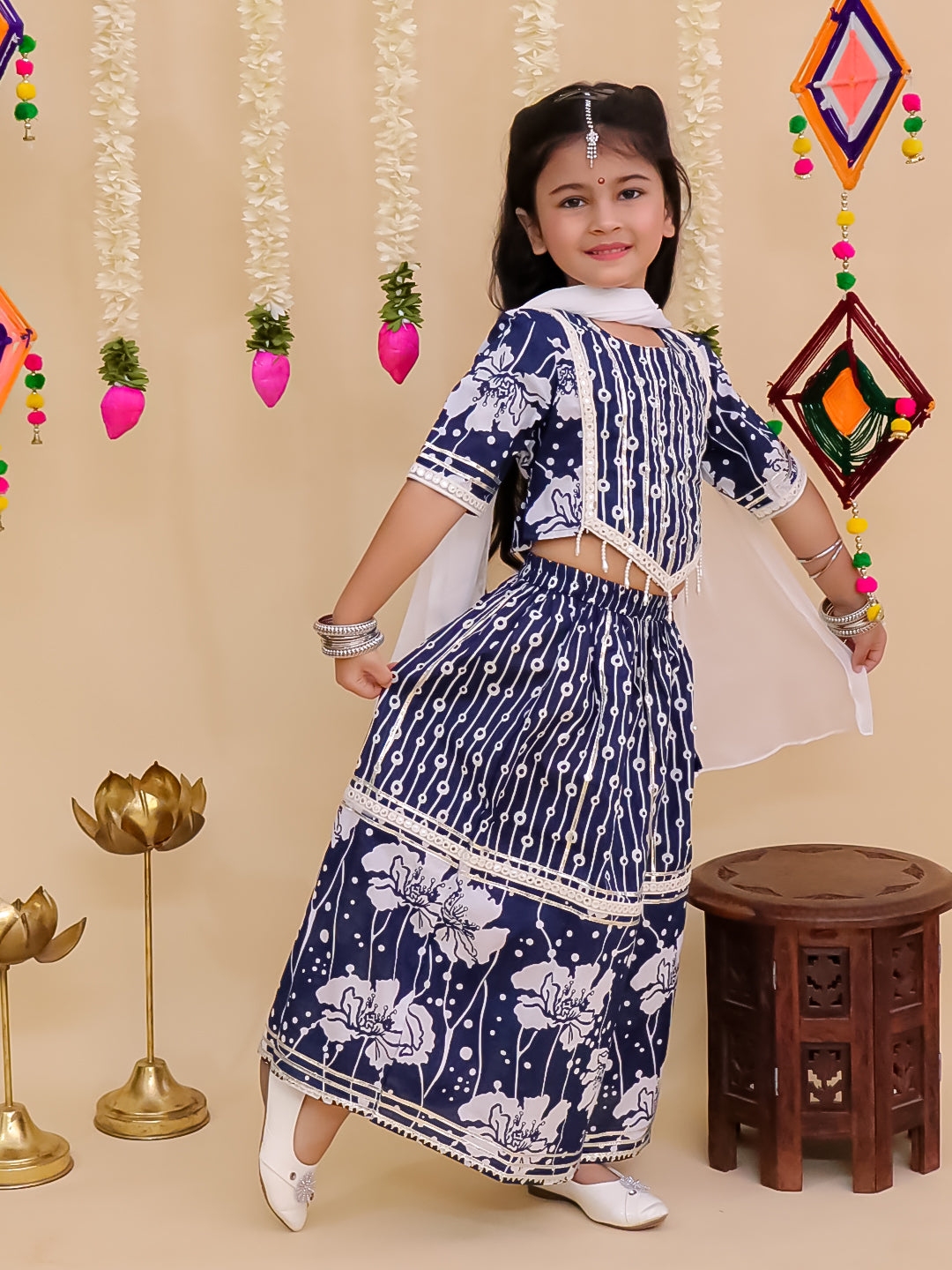 Girls Blue Cotton Half-Sleeves Floral Printed Lehenga Choli