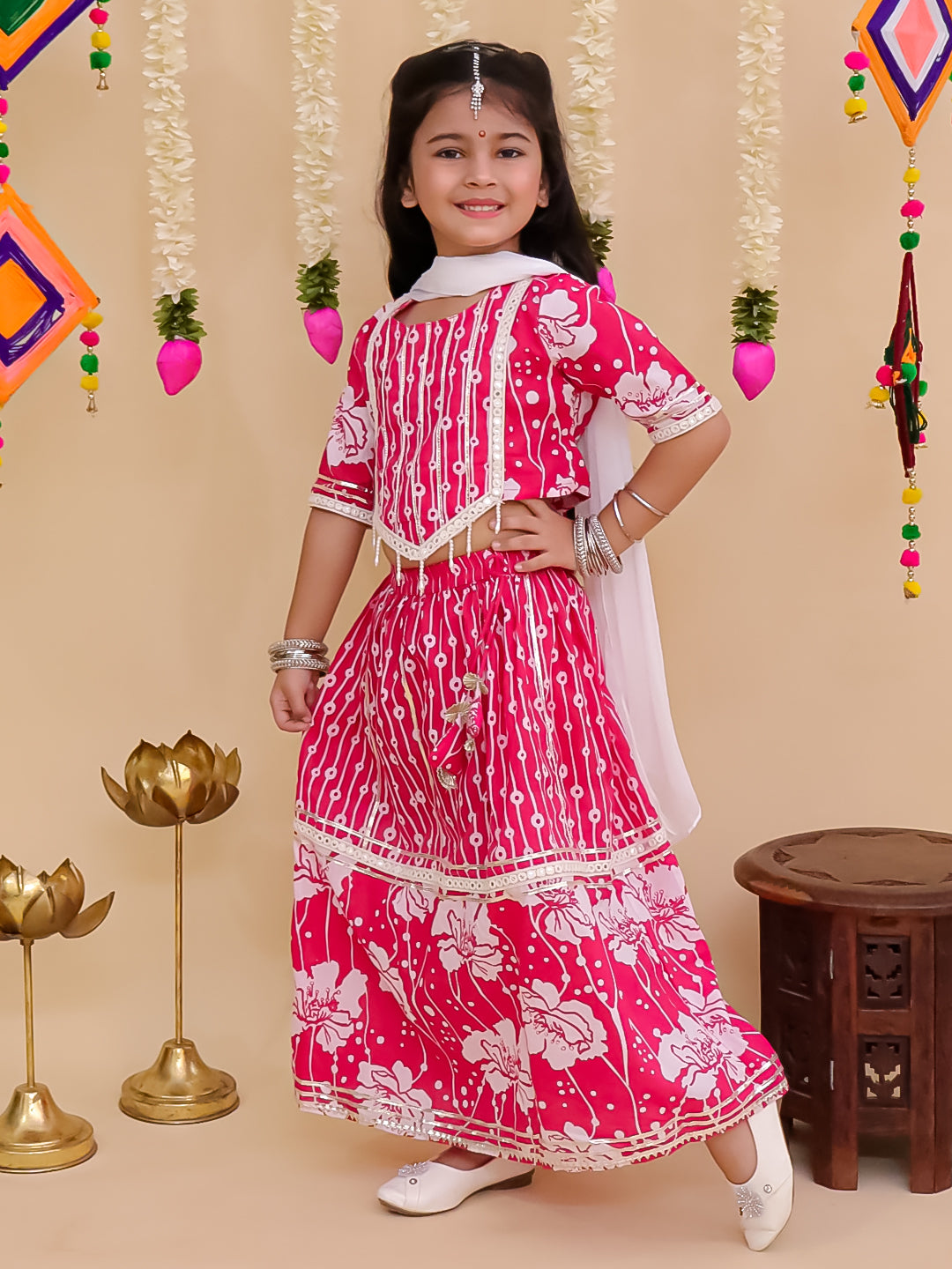 Girls Pink Cotton Half-Sleeves Floral Printed Lehenga Choli - AJ Dezines