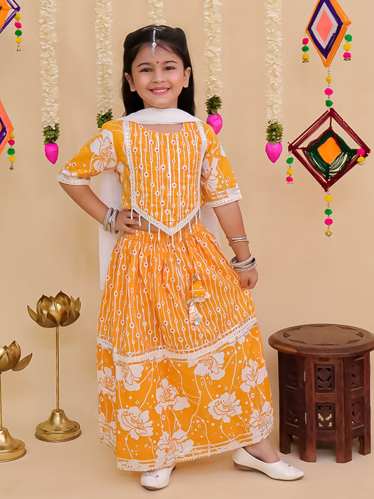 Girls Yellow Cotton Half-Sleeves Floral Printed Lehenga Choli