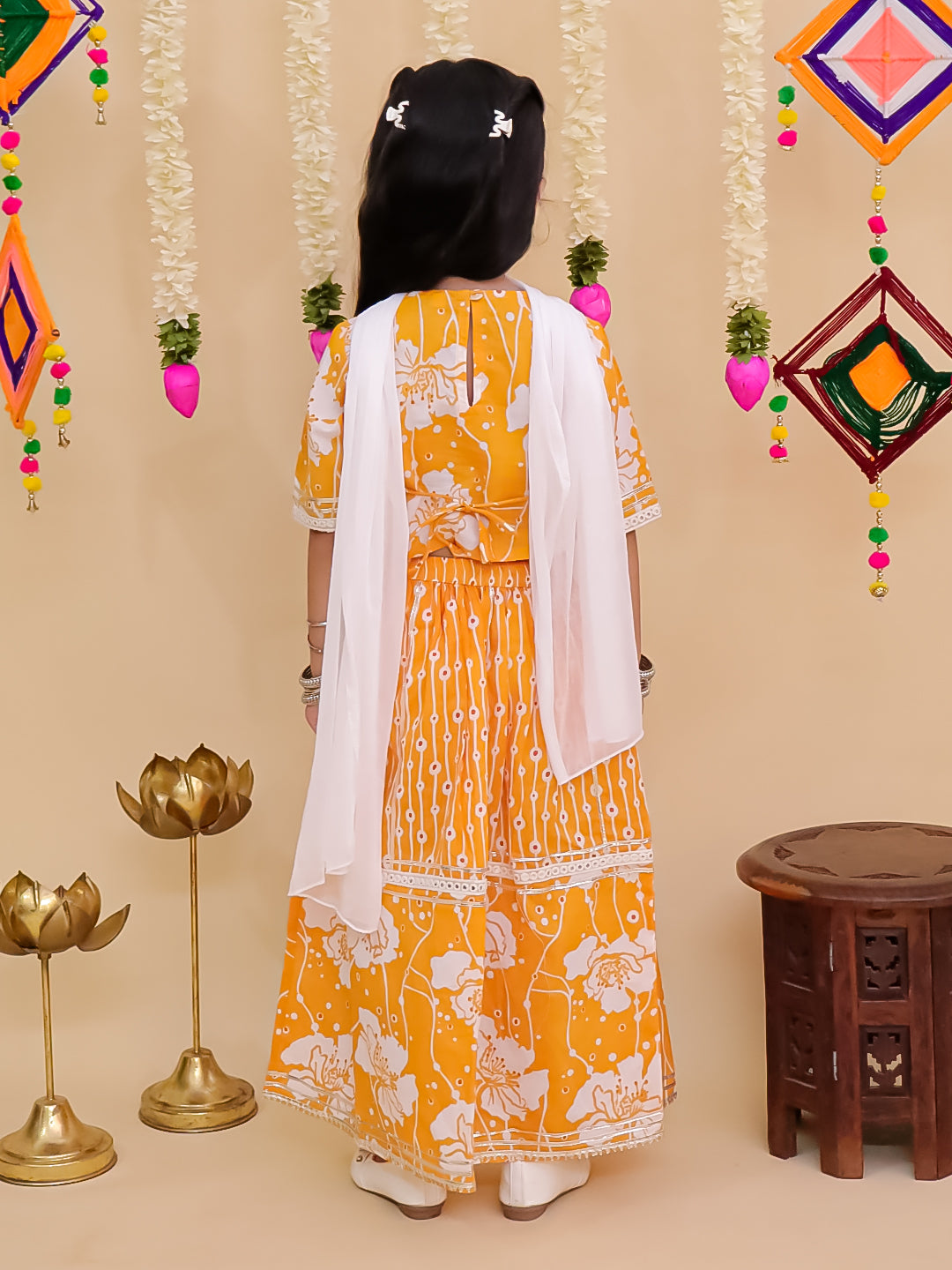 Girls Yellow Cotton Half-Sleeves Floral Printed Lehenga Choli