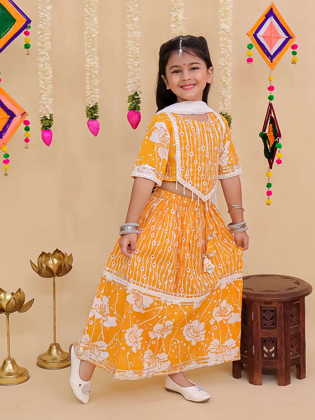 Girls Yellow Cotton Half-Sleeves Floral Printed Lehenga Choli