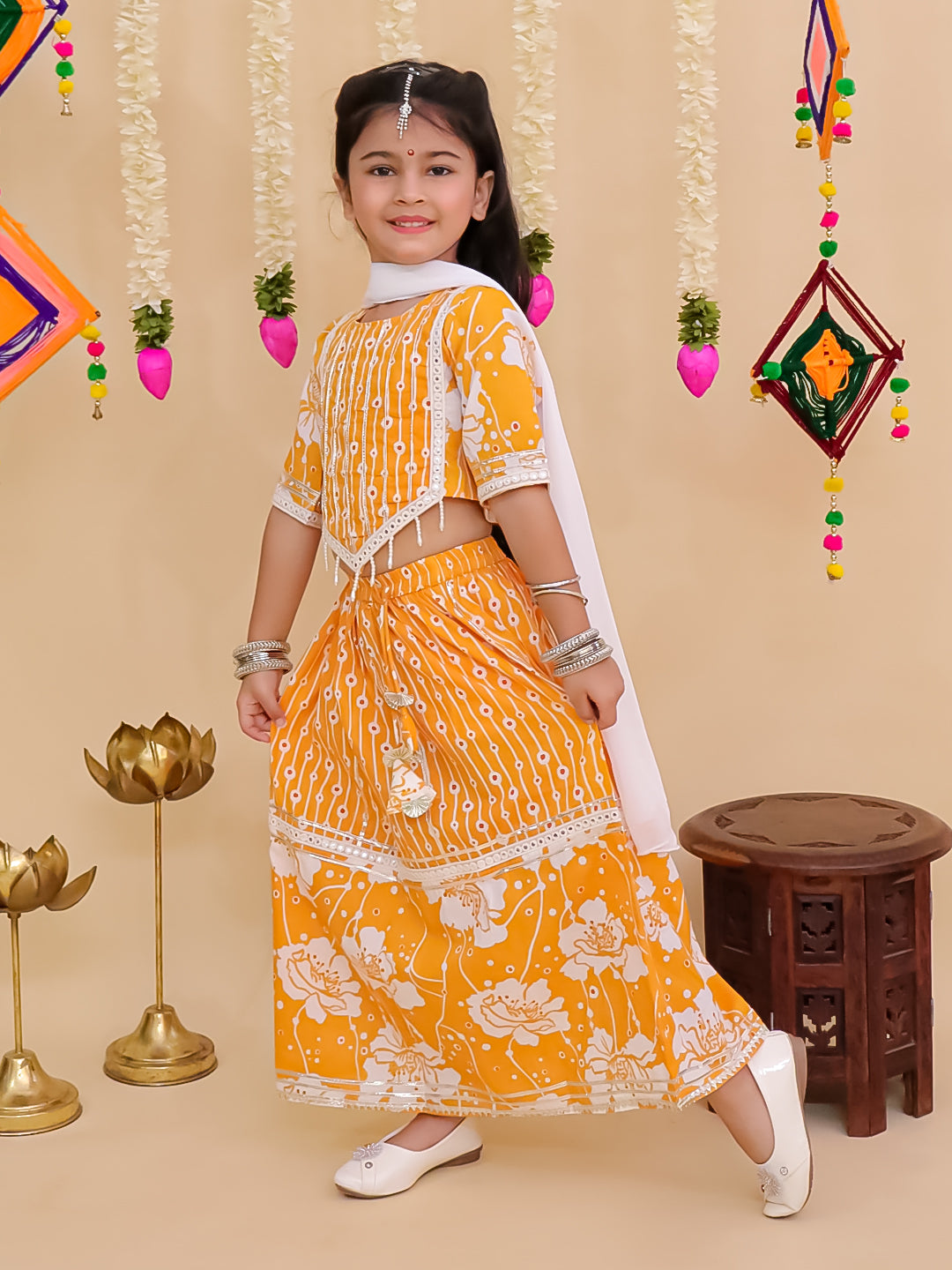 Girls Yellow Cotton Half-Sleeves Floral Printed Lehenga Choli
