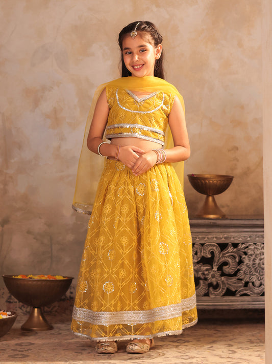 Girls Yellow Net Sleeveless Heavy Embroidered Lehenga Choli