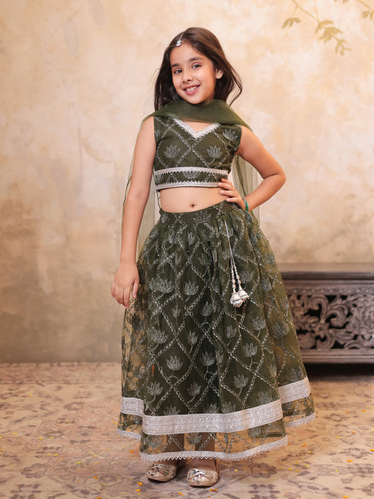 Girls Green Net Sleeveless Heavy Embroidered Lehenga Choli