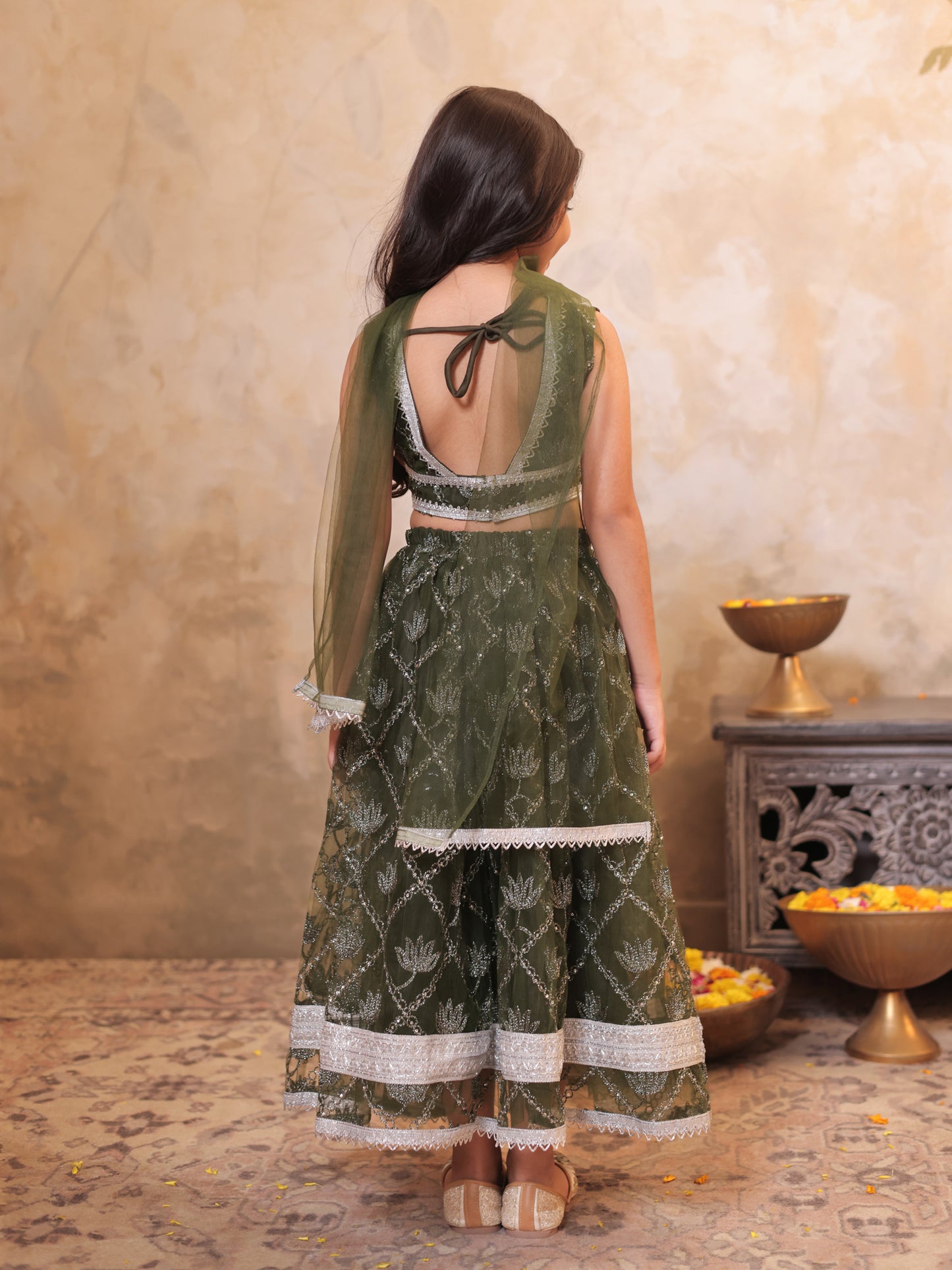Girls Green Net Sleeveless Heavy Embroidered Lehenga Choli