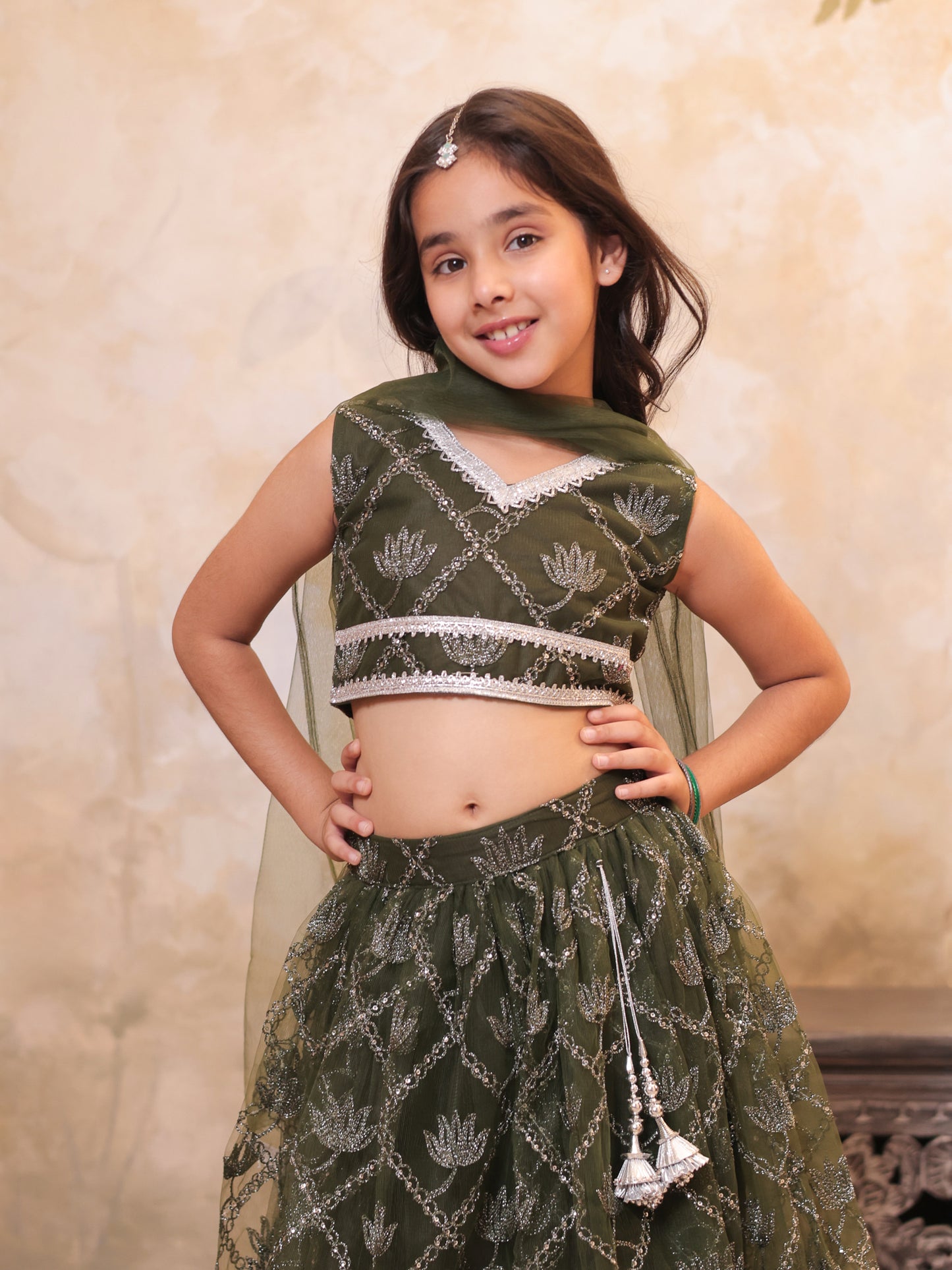 Girls Green Net Sleeveless Heavy Embroidered Lehenga Choli