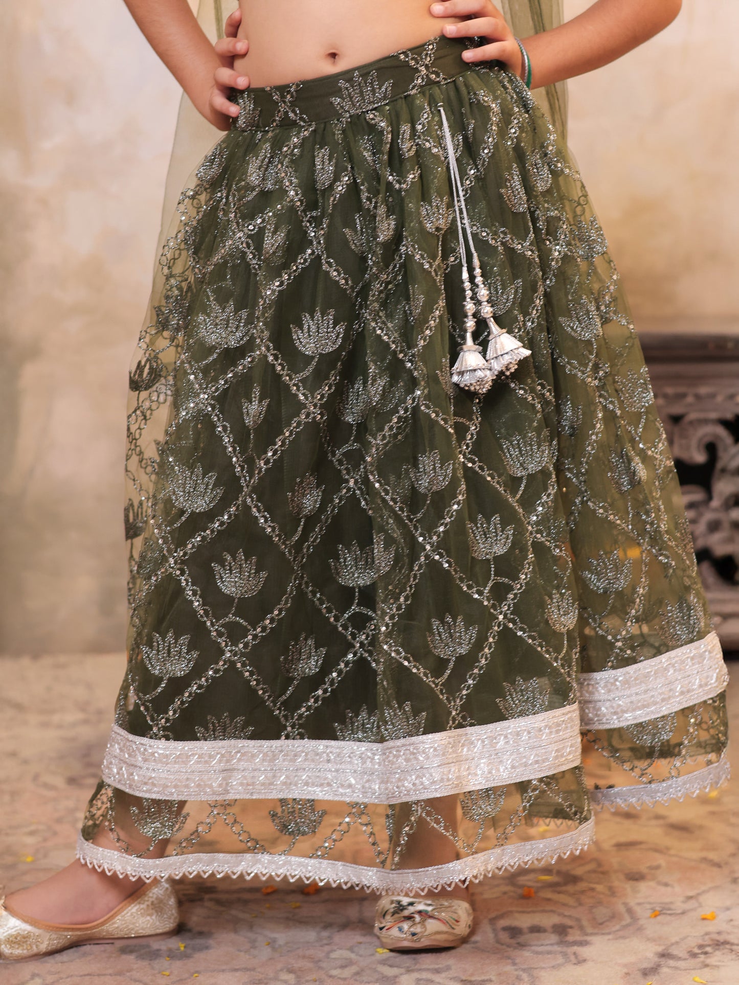 Girls Green Net Sleeveless Heavy Embroidered Lehenga Choli
