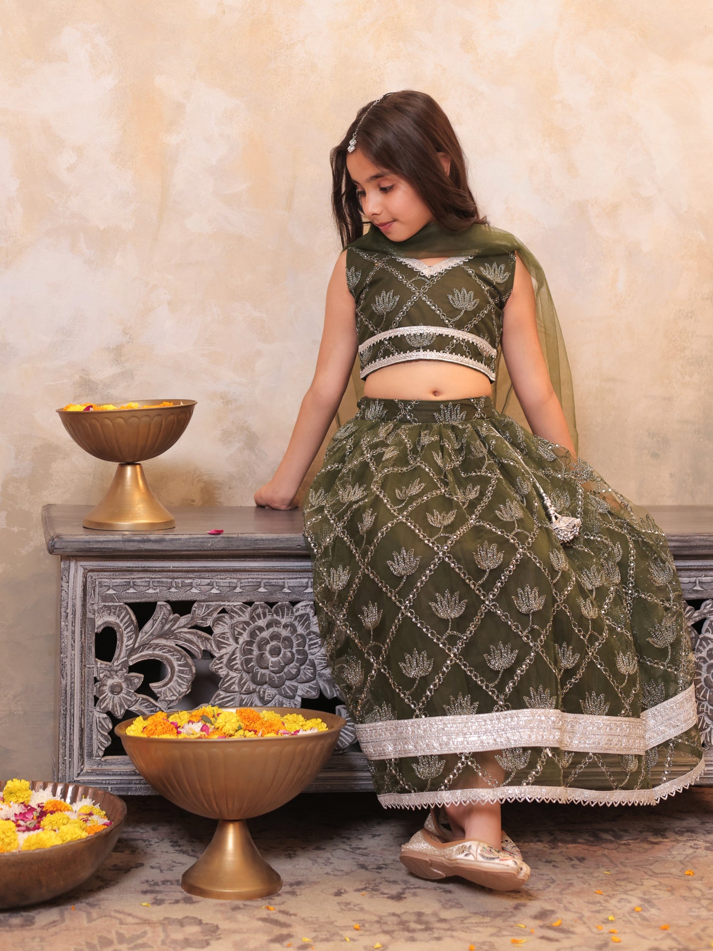 Girls Green Net Sleeveless Heavy Embroidered Lehenga Choli