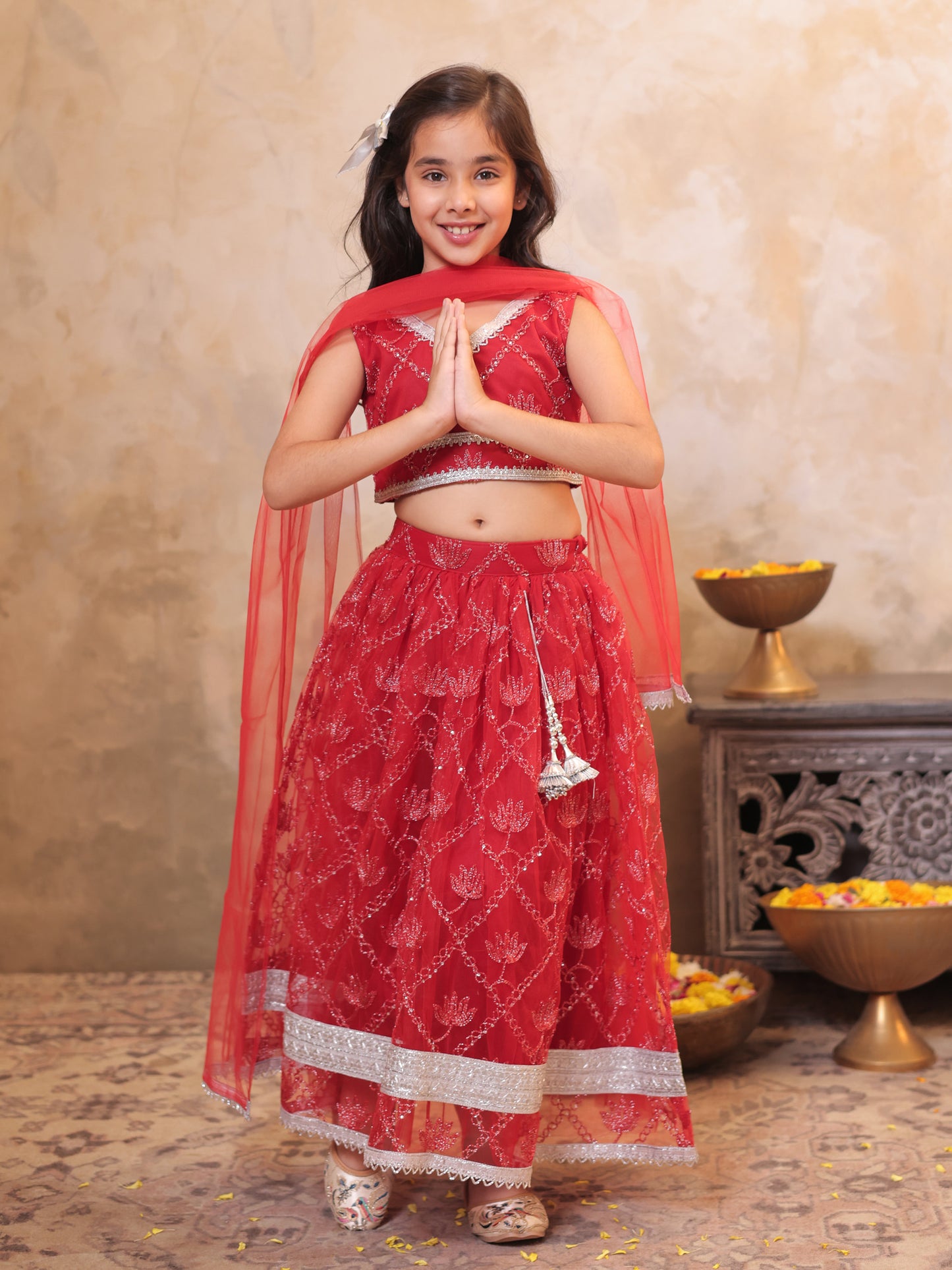 Girls Red Net Sleeveless Heavy Embroidered Lehenga Choli