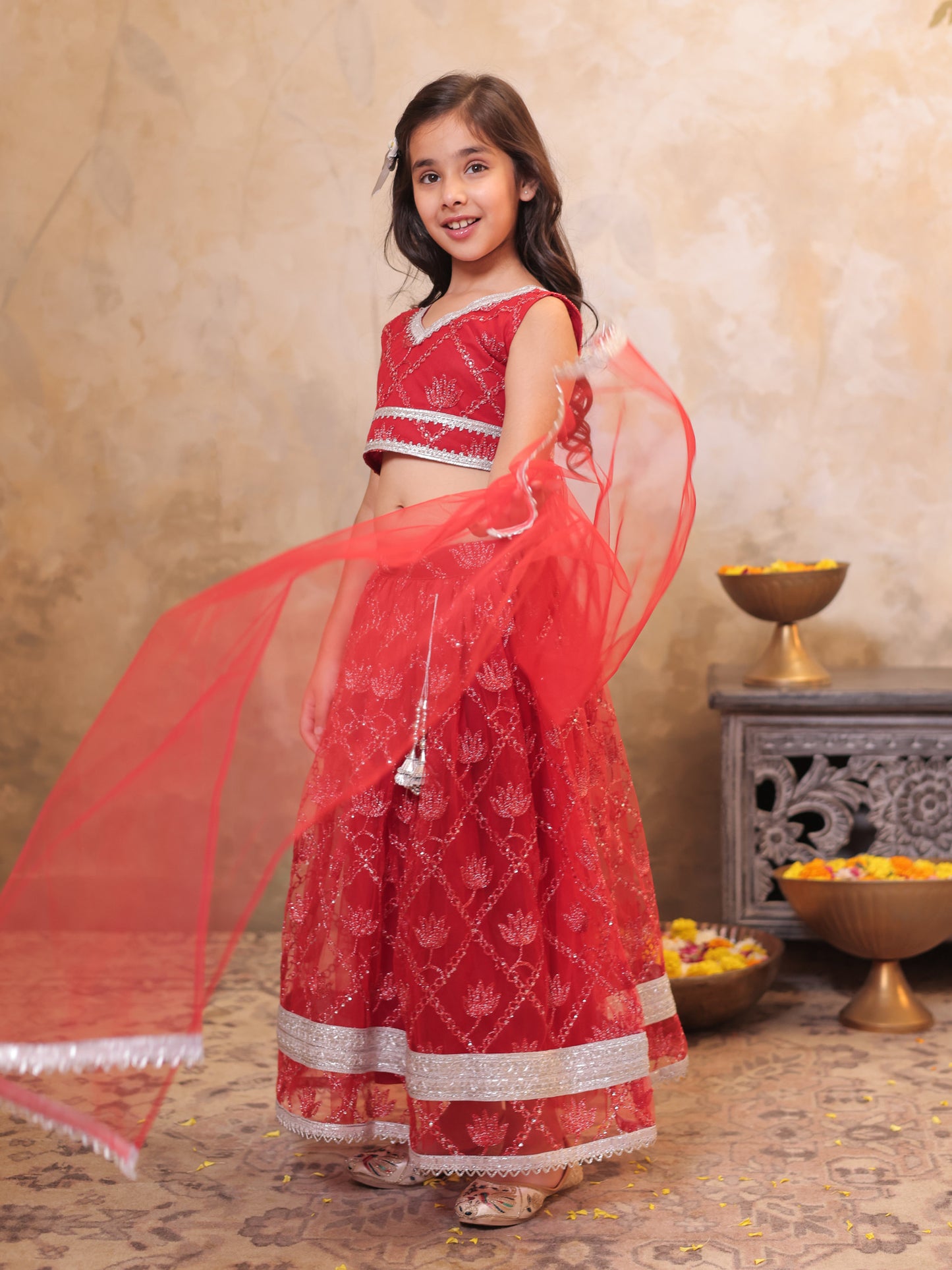 Girls Red Net Sleeveless Heavy Embroidered Lehenga Choli