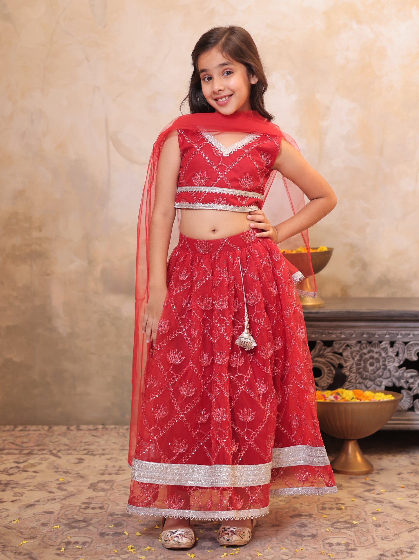 Girls Red Net Sleeveless Heavy Embroidered Lehenga Choli