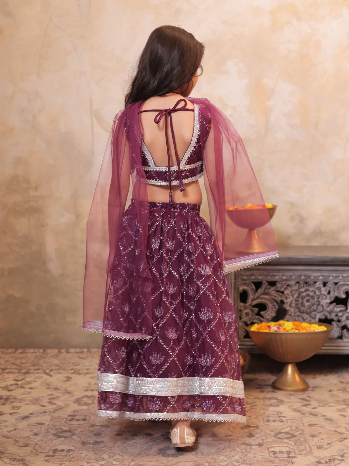 Girls Wine Net Sleeveless Heavy Embroidered Lehenga Choli