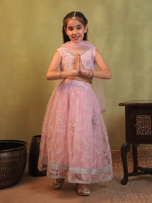 Girls Baby Pink Net Sleeveless Heavy Embroidered Lehenga Choli