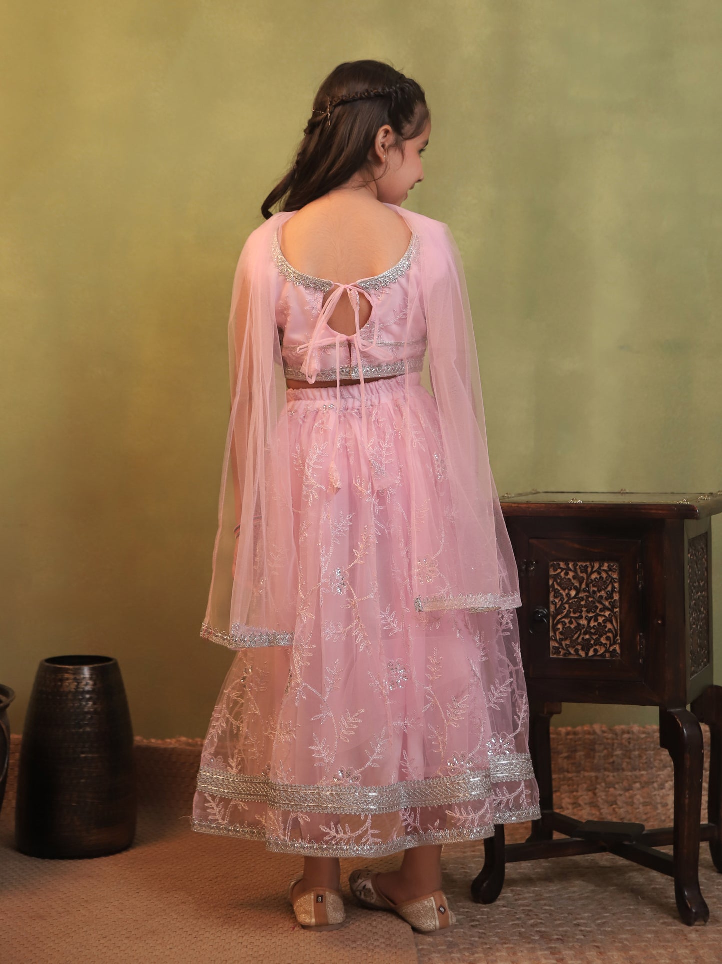 Girls Baby Pink Net Sleeveless Heavy Embroidered Lehenga Choli