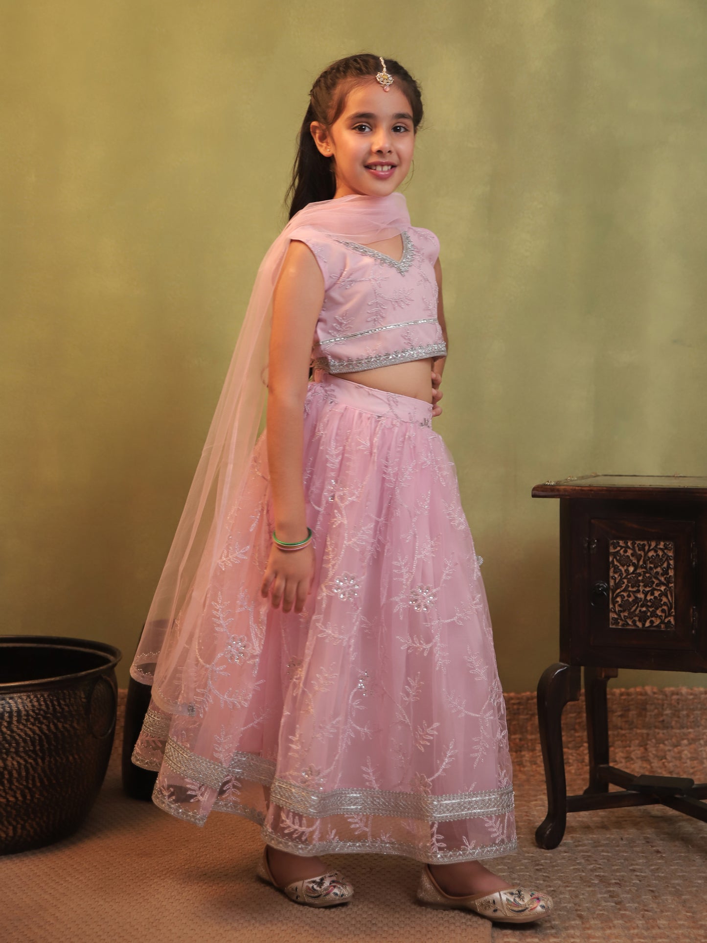 Girls Baby Pink Net Sleeveless Heavy Embroidered Lehenga Choli