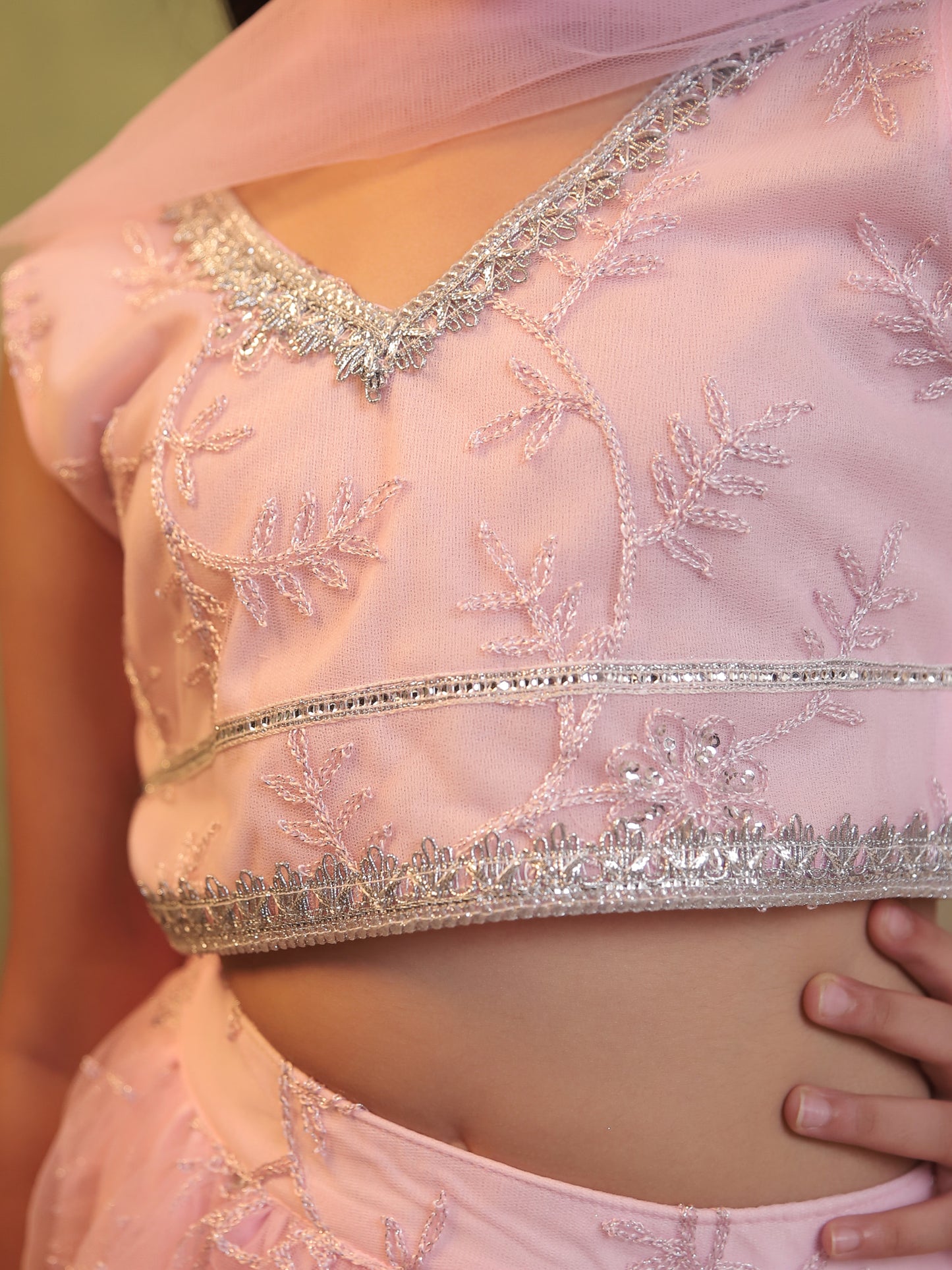 Girls Baby Pink Net Sleeveless Heavy Embroidered Lehenga Choli