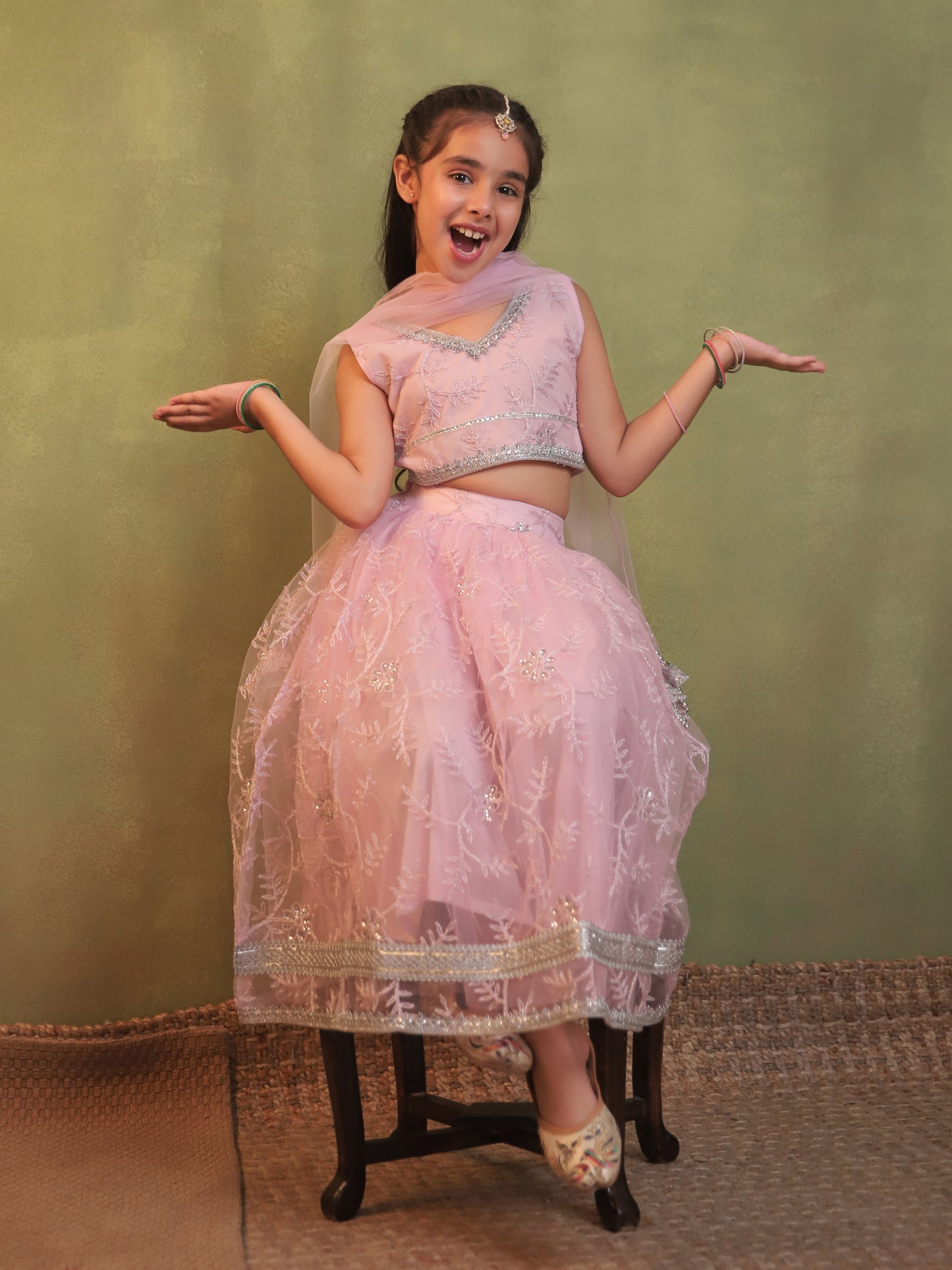 Girls Baby Pink Net Sleeveless Heavy Embroidered Lehenga Choli