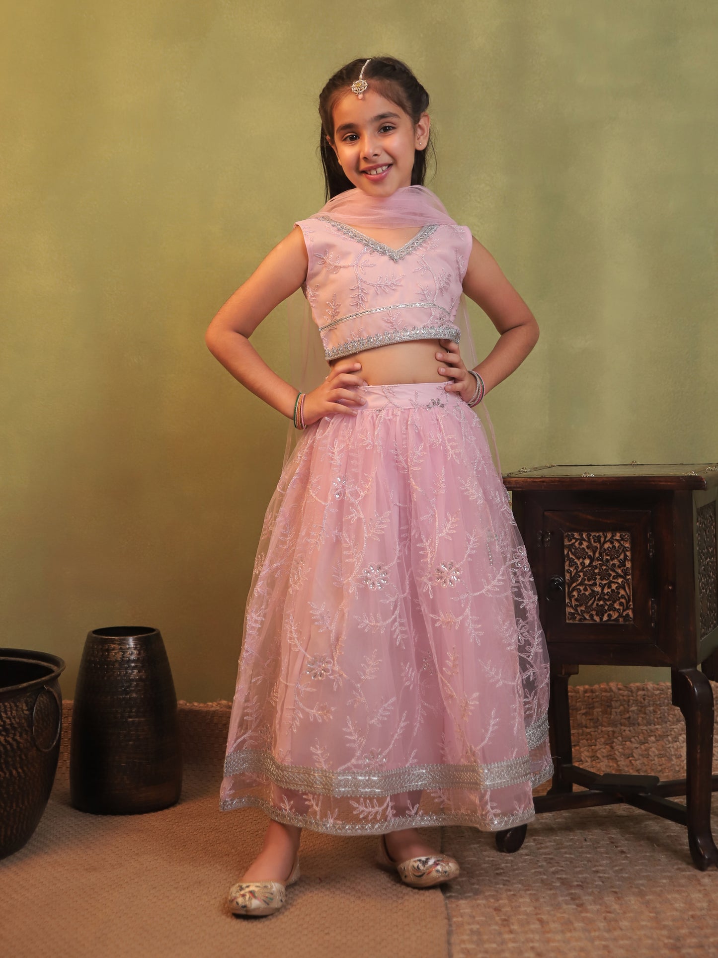 Girls Baby Pink Net Sleeveless Heavy Embroidered Lehenga Choli