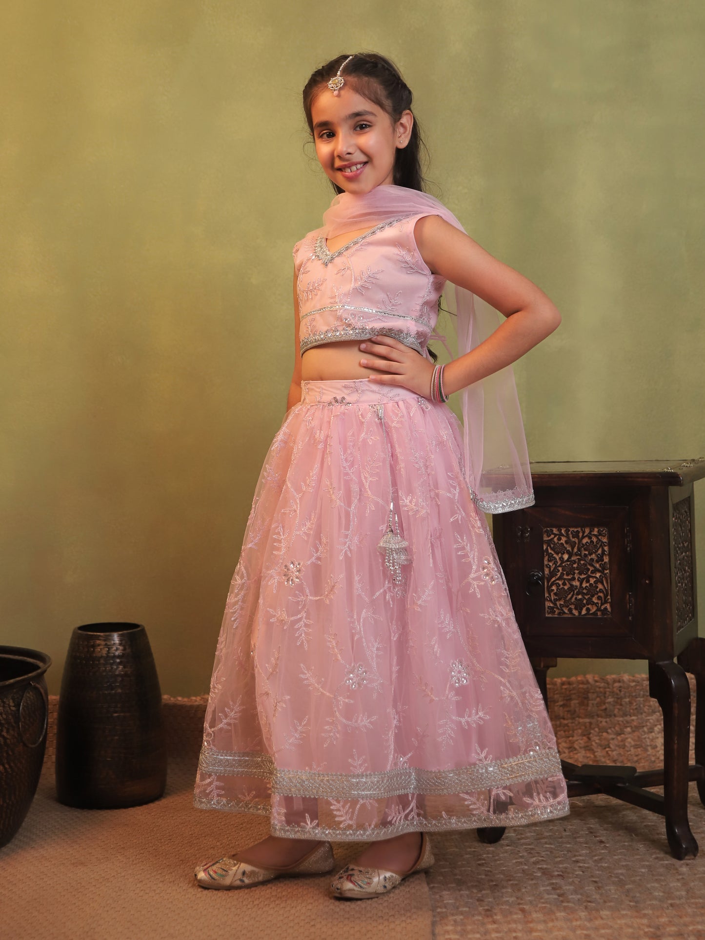 Girls Baby Pink Net Sleeveless Heavy Embroidered Lehenga Choli